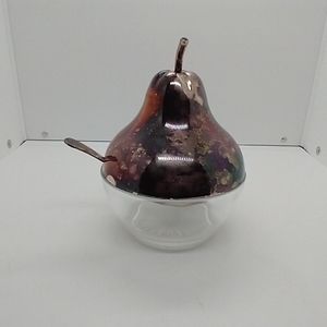 Vintage Queen Anne Silverplate Glass Pear Jam Dish with Spoon Tarnished England